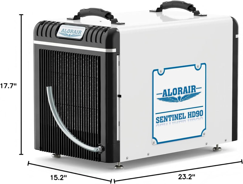AlorAir Sentinel HD90 with dimensions marked: 23.2" long, 15.2" wide, 17.7" high