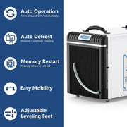 AlorAir Sentinel HD90 beside icons for auto operation, auto defrost, memory restart, easy mobility and adjustable leveling feet