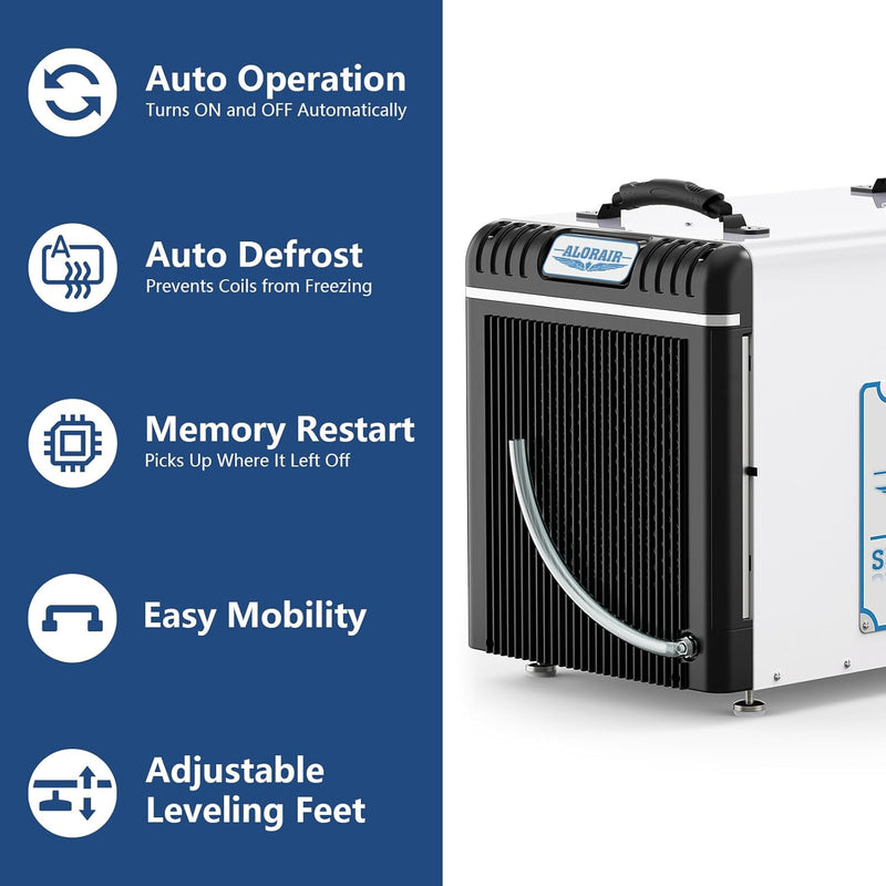 AlorAir Sentinel HD90 beside icons for auto operation, auto defrost, memory restart, easy mobility and adjustable leveling feet