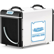 AlorAir Sentinel HD90 crawl space dehumidifier in white and black, three-quarter view of the intake end with carry handles
