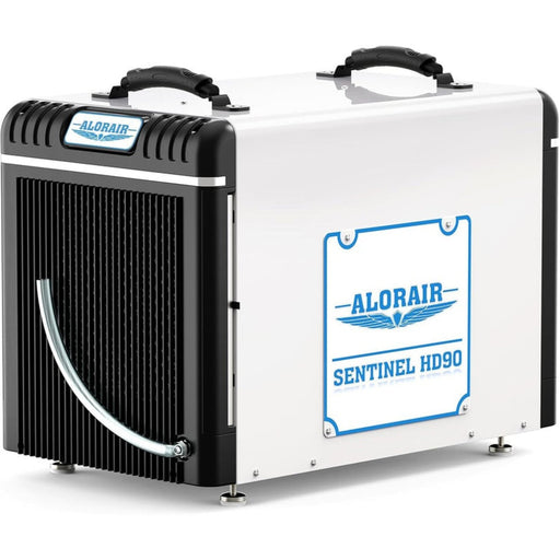 AlorAir Sentinel HD90 crawl space dehumidifier in white and black, three-quarter view of the intake end with carry handles
