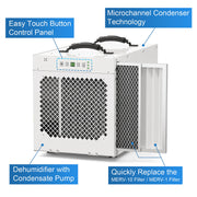AlorAir Sentinel HDi100 with callouts for the touch control panel, microchannel condenser, condensate pump and MERV-10 and MERV-1 filters