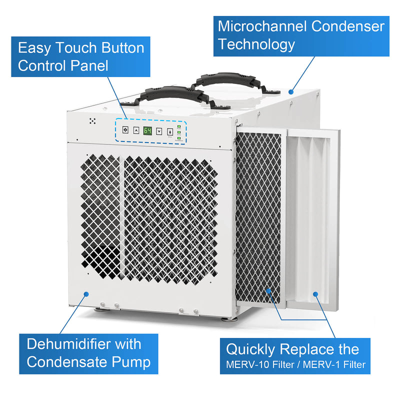 AlorAir Sentinel HDi100 with callouts for the touch control panel, microchannel condenser, condensate pump and MERV-10 and MERV-1 filters