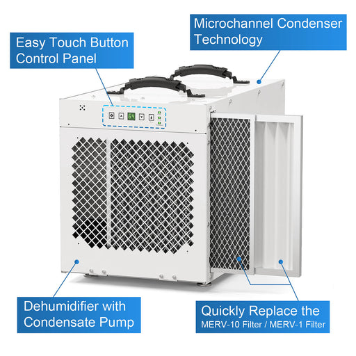 AlorAir Sentinel HDi100 with callouts for the touch control panel, microchannel condenser, condensate pump and MERV-10 and MERV-1 filters