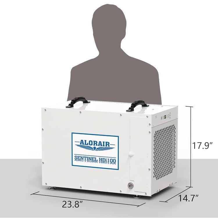AlorAir Sentinel HDi100 beside a person silhouette for scale, marked 23.8" long, 14.7" wide and 17.9" high