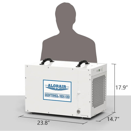 AlorAir Sentinel HDi100 beside a person silhouette for scale, marked 23.8" long, 14.7" wide and 17.9" high