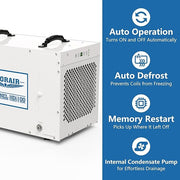 AlorAir Sentinel HDi100 beside icons for auto operation, auto defrost, memory restart and internal condensate pump