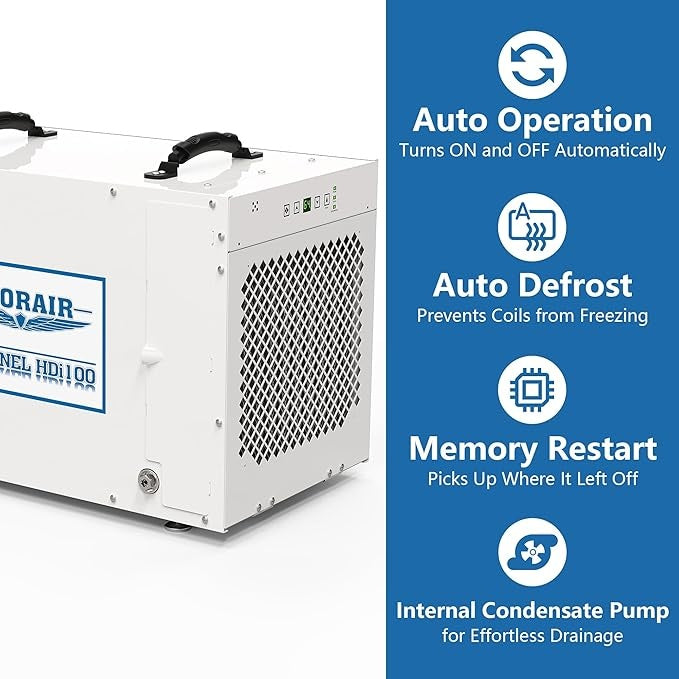 AlorAir Sentinel HDi100 beside icons for auto operation, auto defrost, memory restart and internal condensate pump