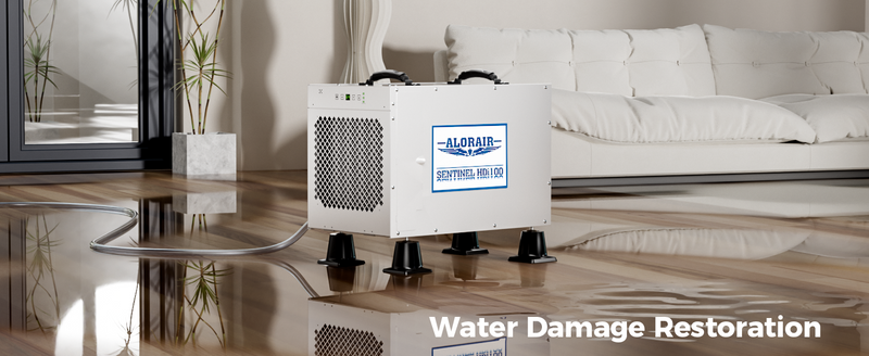 AlorAir Sentinel HDi100 on feet on a wet floor beside a sofa, captioned Water Damage Restoration