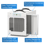 AlorAir Sentinel HDi120 with callouts for the touch control panel, microchannel condenser, condensate pump and MERV-10 and MERV-1 filters