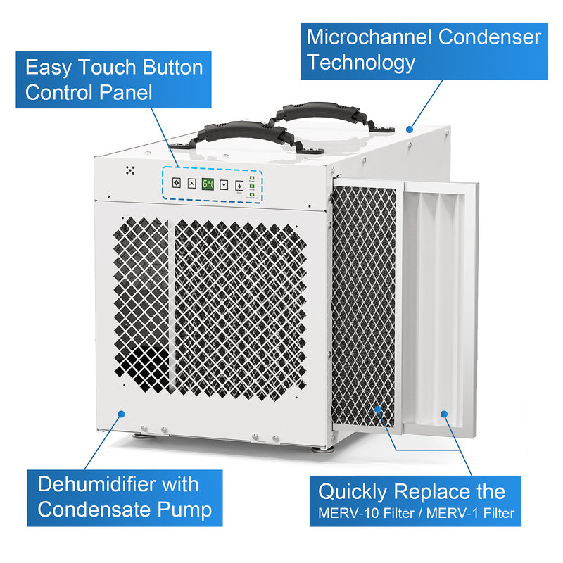 AlorAir Sentinel HDi120 with callouts for the touch control panel, microchannel condenser, condensate pump and MERV-10 and MERV-1 filters