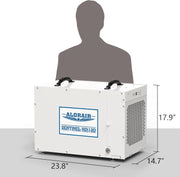 AlorAir Sentinel HDi120 beside a person silhouette for scale, marked 23.8" long, 14.7" wide and 17.9" high