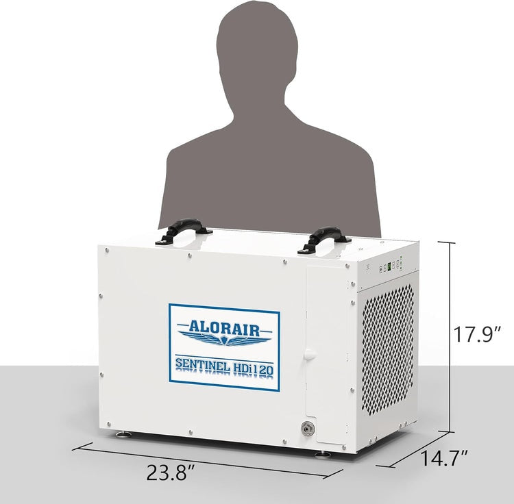 AlorAir Sentinel HDi120 beside a person silhouette for scale, marked 23.8" long, 14.7" wide and 17.9" high