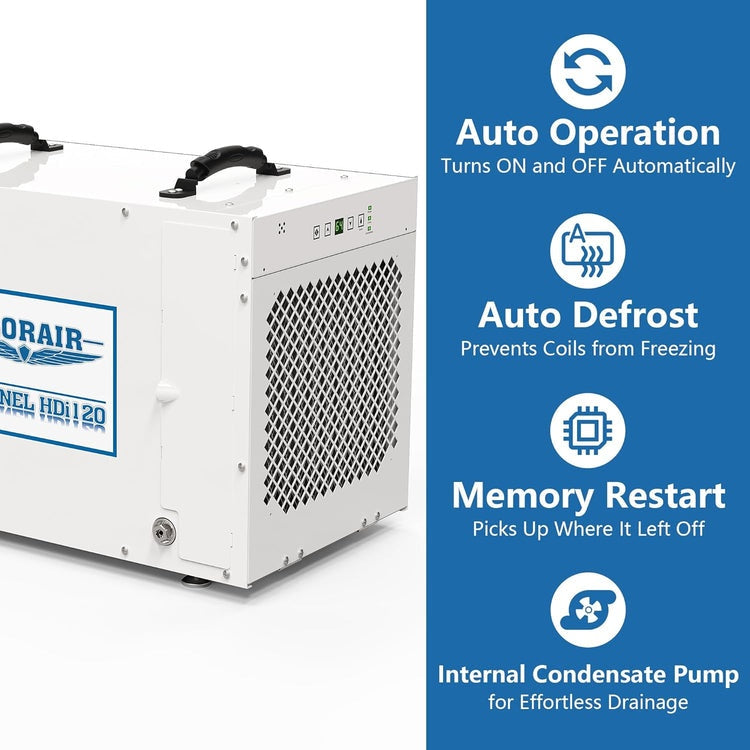 AlorAir Sentinel HDi120 beside icons for auto operation, auto defrost, memory restart and internal condensate pump