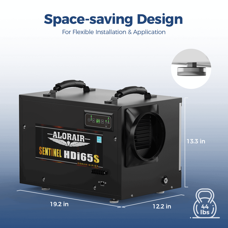 AlorAir Sentinel HDi65S with dimensions marked: 19.2 in long, 12.2 in wide, 13.3 in high, 44 lbs
