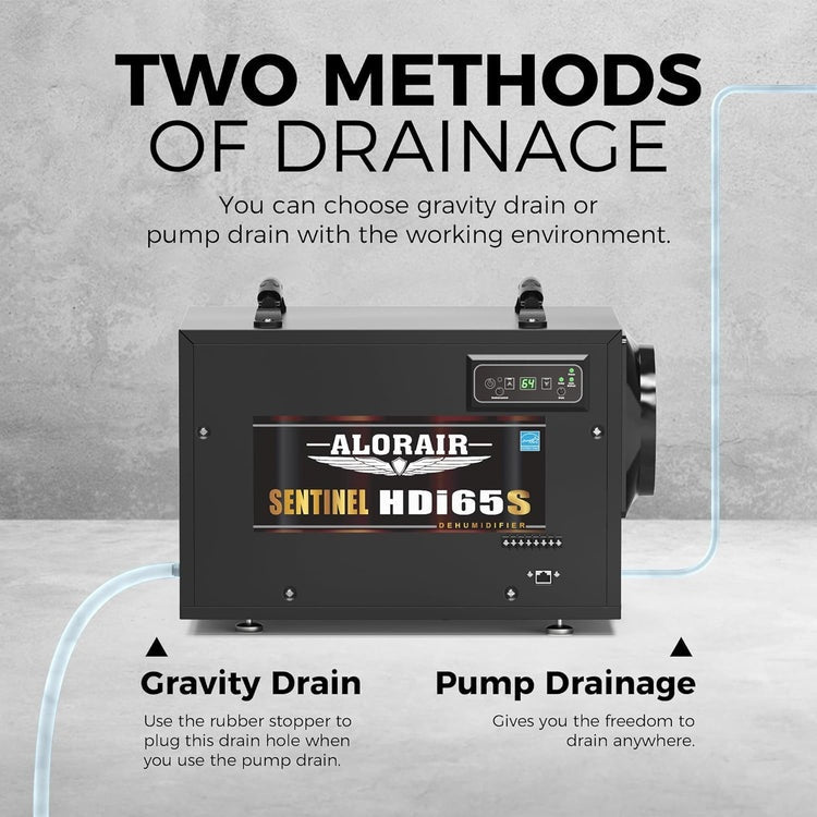 Diagram of the AlorAir Sentinel HDi65S gravity drain and pump drain outlets