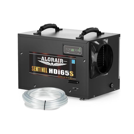 AlorAir Sentinel HDi65S crawl space dehumidifier in black, front three-quarter view with drain hose