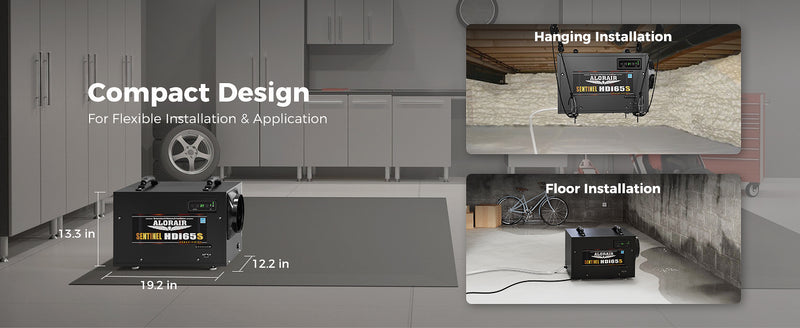 AlorAir Sentinel HDi65S shown hanging from joists and standing on a garage floor