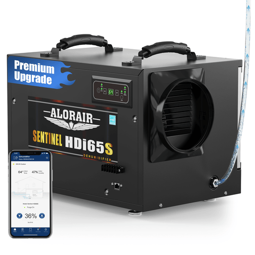 AlorAir Sentinel HDi65S WiFi dehumidifier with a Premium Upgrade badge beside a phone showing the AlorAir app