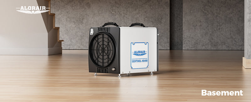 AlorAir Sentinel HDi90 Duct-able Version on a wood floor in a basement beside a staircase, captioned Basement