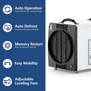 AlorAir Sentinel HDi90 Duct-able Version beside icons for auto operation, auto defrost, memory restart, easy mobility and adjustable leveling feet