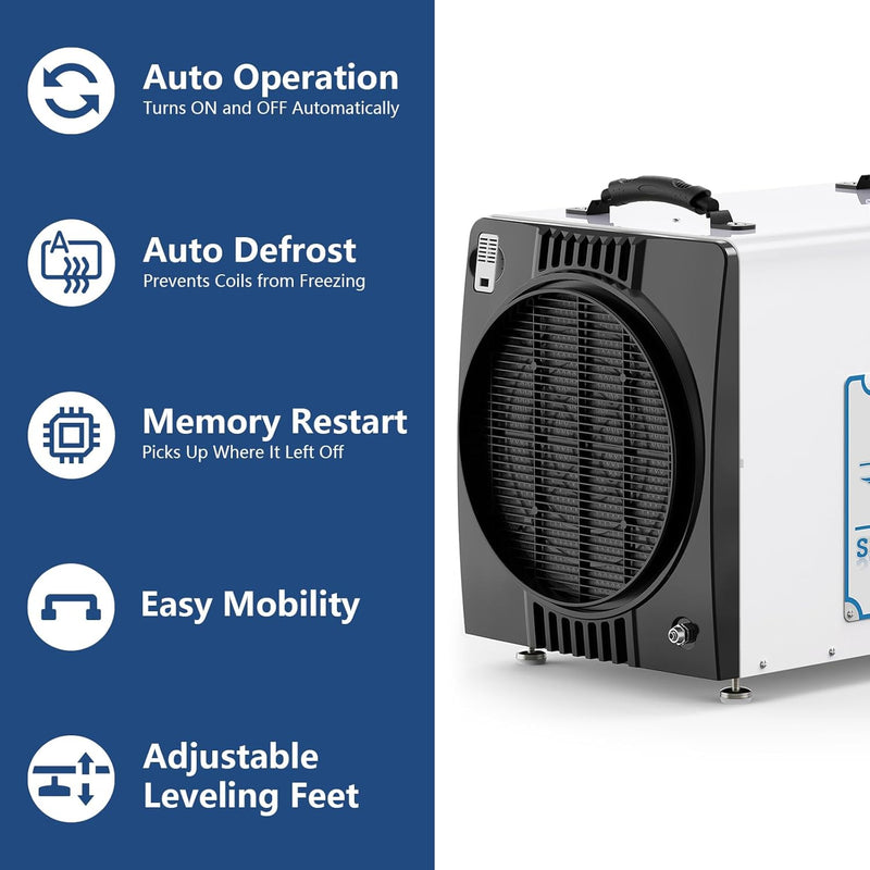 AlorAir Sentinel HDi90 Duct-able Version beside icons for auto operation, auto defrost, memory restart, easy mobility and adjustable leveling feet