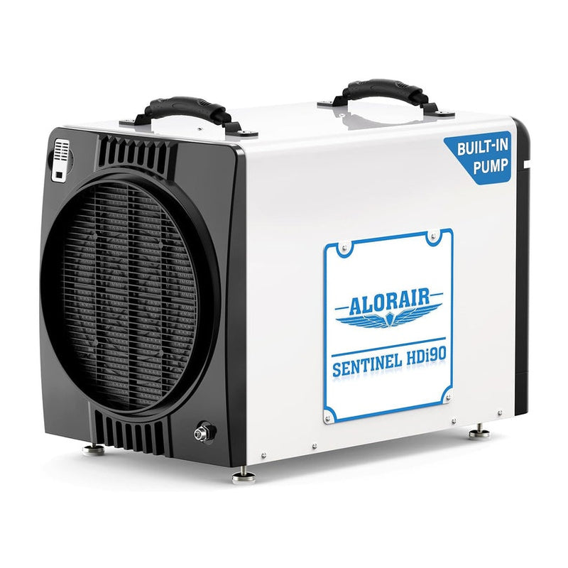 AlorAir Sentinel HDi90 Duct-able Version in white and black with a round intake grille and a Built-In Pump badge, three-quarter view