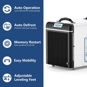 AlorAir Sentinel HDi90 beside icons for auto operation, auto defrost, memory restart, easy mobility and adjustable leveling feet