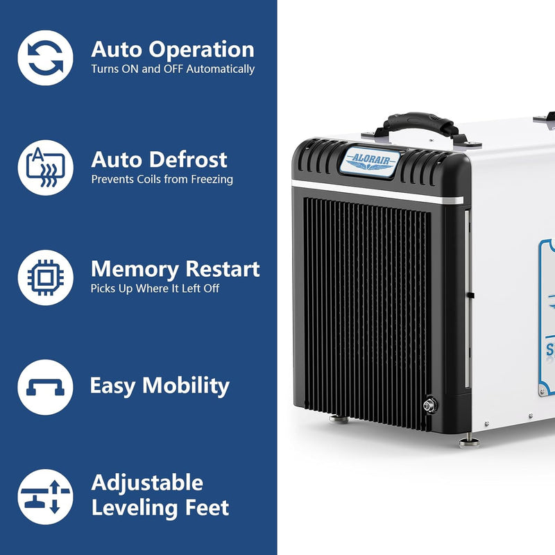 AlorAir Sentinel HDi90 beside icons for auto operation, auto defrost, memory restart, easy mobility and adjustable leveling feet