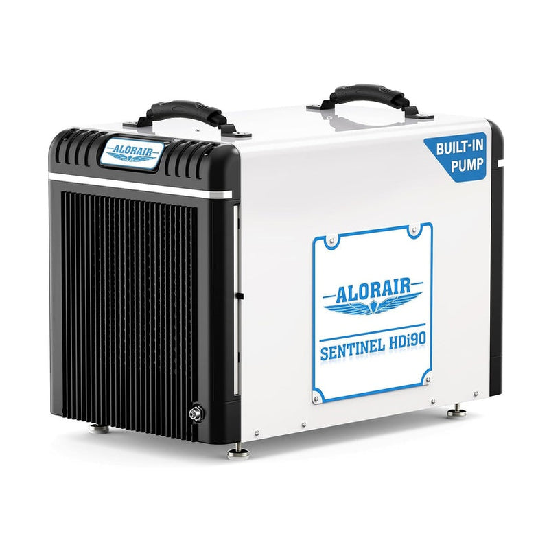 AlorAir Sentinel HDi90 crawl space dehumidifier in white and black with a Built-In Pump badge, three-quarter view of the intake end
