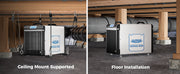 AlorAir Sentinel HDi90 hung from crawl space joists on straps, and standing on its feet on a crawl space floor