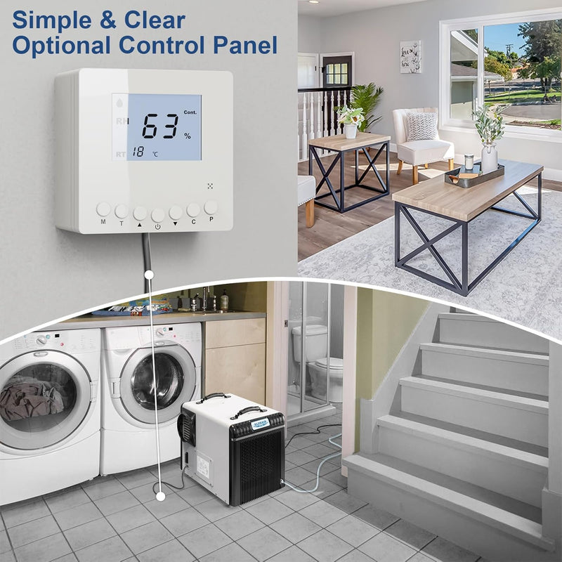 Optional AlorAir wall-mounted remote control showing 63 percent, cabled to a Sentinel HDi90 in a laundry room