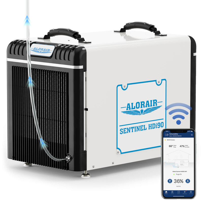AlorAir Sentinel HDi90 WiFi with its drain hose attached, a WiFi symbol and a phone showing the AlorAir app