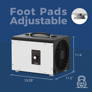 AlorAir Sentinel HS35 with dimensions marked: 15.35" long, 11.2" wide, 11.4" high, 37.8 lbs, and adjustable foot pads