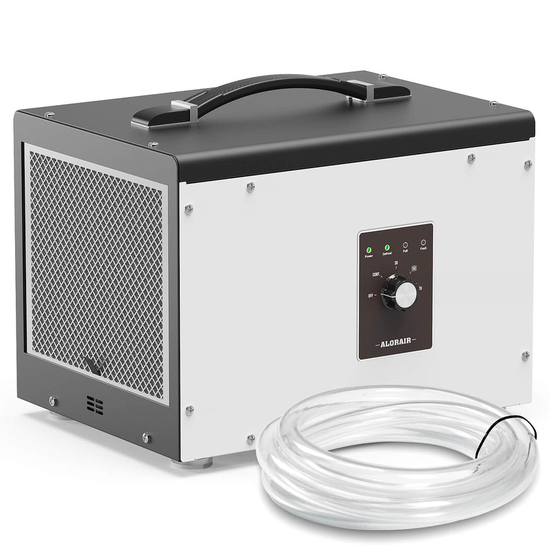 AlorAir Sentinel HS35 dehumidifier in white and black, front three-quarter view with coiled clear drain hose