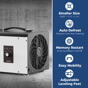 AlorAir Sentinel HS35 rear view with the fan outlet, beside icons for smaller size, auto defrost, memory restart, easy mobility and leveling feet