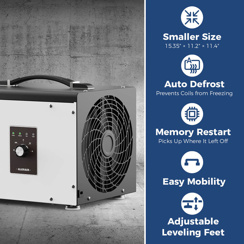 AlorAir Sentinel HS35 rear view with the fan outlet, beside icons for smaller size, auto defrost, memory restart, easy mobility and leveling feet
