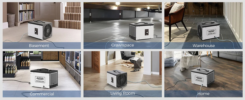 AlorAir Sentinel HS35 shown in a basement, crawl space, warehouse, commercial space, living room and home