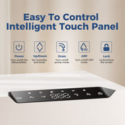 AlorAir Sentinel Pro touch panel with icons for power, up/down, drain, GPP and lock, captioned Easy To Control Intelligent Touch Panel