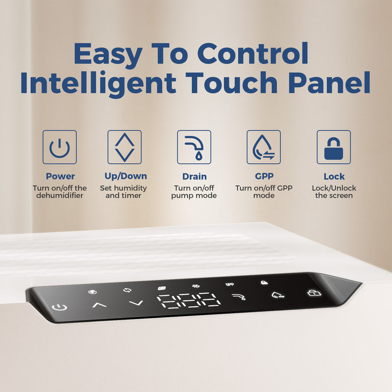 AlorAir Sentinel Pro touch panel with icons for power, up/down, drain, GPP and lock, captioned Easy To Control Intelligent Touch Panel