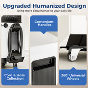 Close-ups of the AlorAir Sentinel Pro cord and hose wrap, side handle and 360-degree caster wheels, captioned Upgraded Humanized Design