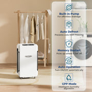 AlorAir Sentinel Pro beside a clothes rail and washing machine, with icons for built-in pump, auto defrost, memory restart, auto operation and GPP mode
