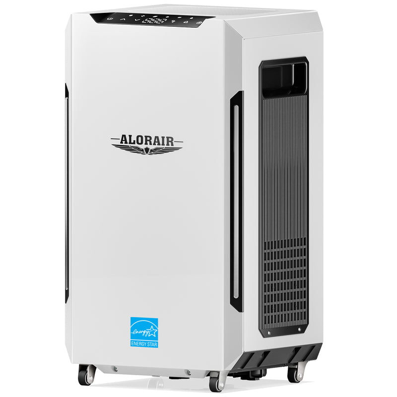AlorAir Sentinel Pro 35X in white with black side trim and a vertical air outlet, front three-quarter view on caster wheels with an Energy Star label
