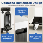 Close-ups of the AlorAir Sentinel Pro cord and hose wrap, side handle and 360-degree caster wheels, captioned Upgraded Humanized Design