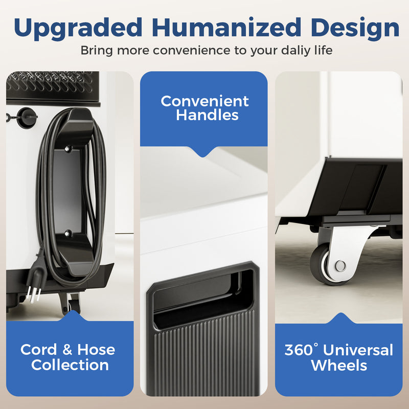 Close-ups of the AlorAir Sentinel Pro cord and hose wrap, side handle and 360-degree caster wheels, captioned Upgraded Humanized Design