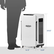 AlorAir Sentinel Pro 55X beside a person's silhouette with dimensions marked: 24.52" high, 14.13" by 12.89" footprint