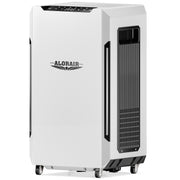 AlorAir Sentinel Pro 55X in white with black side trim and a vertical air outlet, front three-quarter view on caster wheels