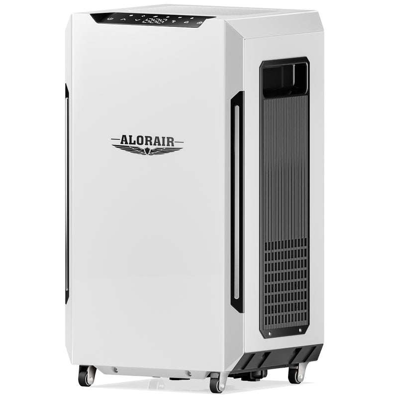 AlorAir Sentinel Pro 55X in white with black side trim and a vertical air outlet, front three-quarter view on caster wheels