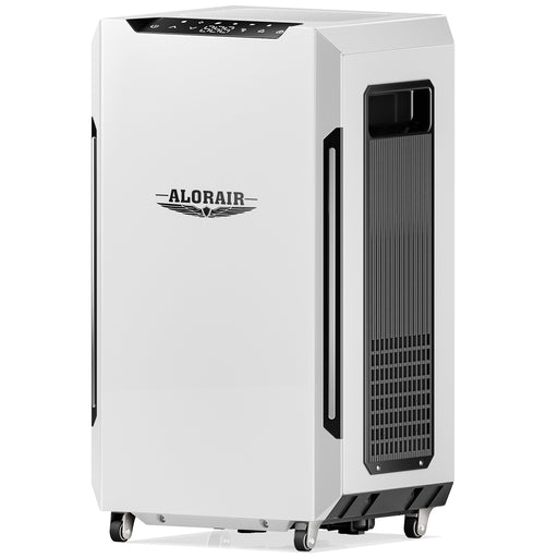 AlorAir Sentinel Pro 55X in white with black side trim and a vertical air outlet, front three-quarter view on caster wheels