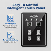 AlorAir Sentinel SLGR 1400X touch panel with humidity and setpoint displays, on/off, airflow and up/down buttons, captioned 440 CFM